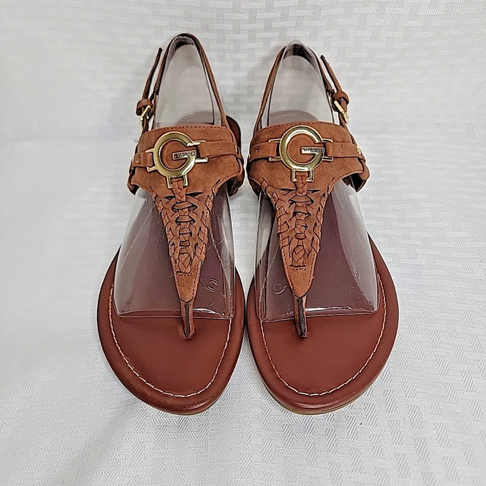 GUESS Women’s Size‎ 8.5 Brown Gold G Logo Sandals Slingback Thong Style